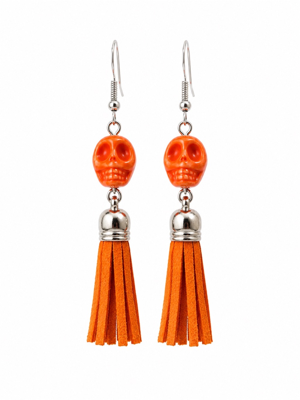 Orange Ceramic Skull Tassel Earrings
